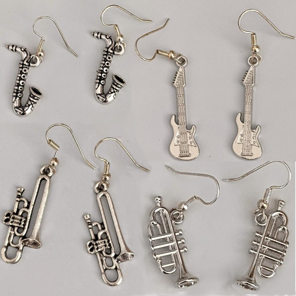Set / 4 pr Silver Pierced Dangle Music Earrings Trumpet Guitar Trombone Sax Jazz